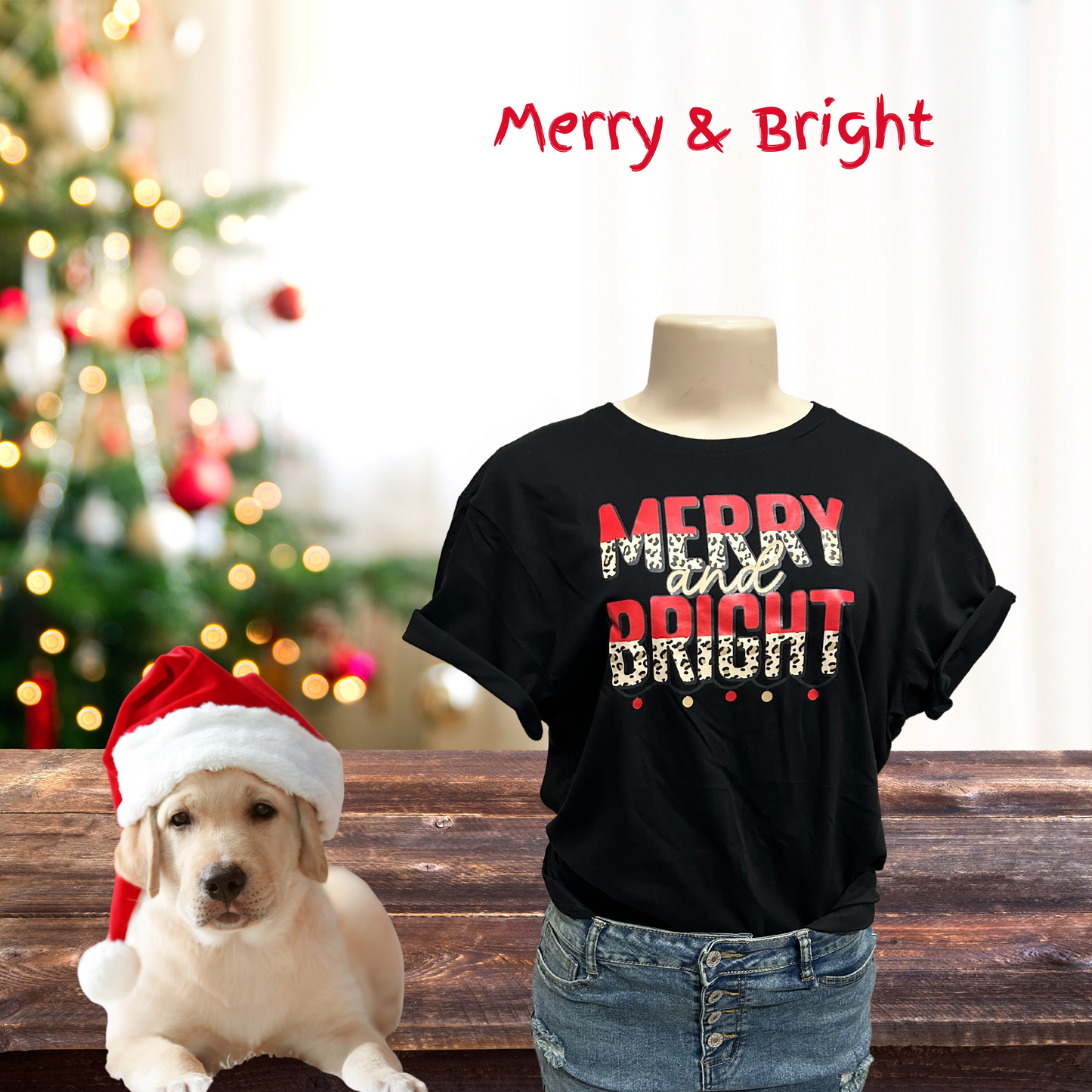 Merry and Bright Red and Cheetah Graphic Black Women's Shirt