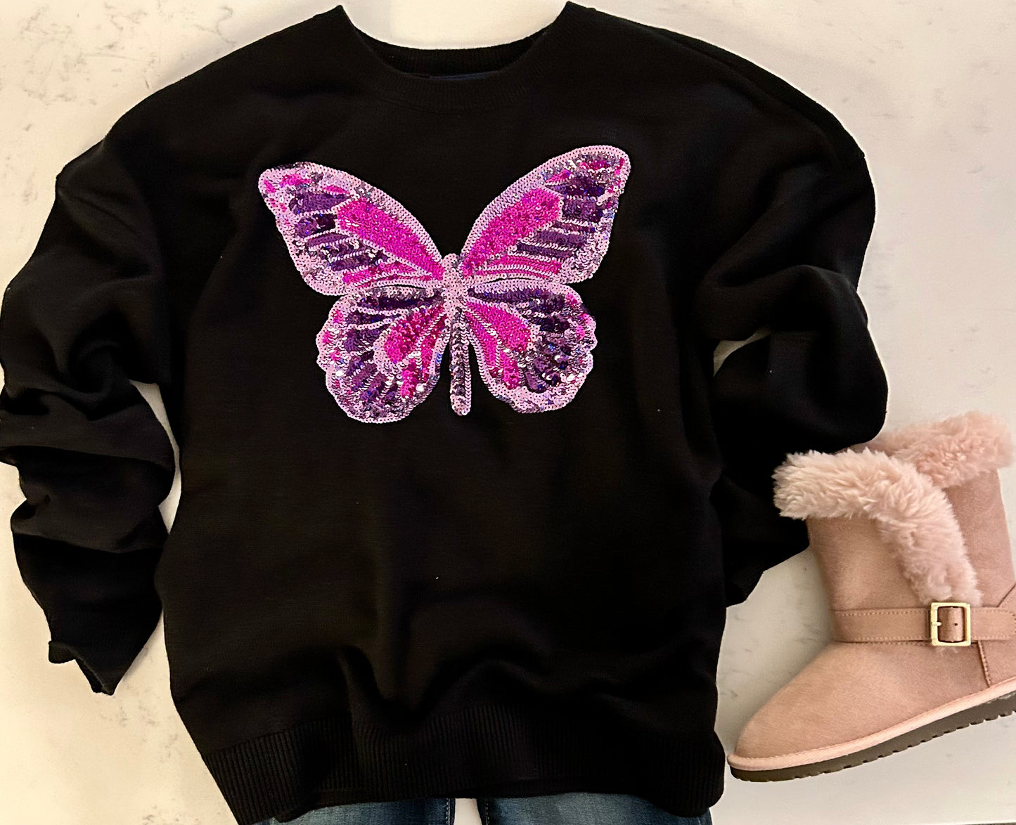 Girls Butter Fly Sequence Sweater - Black