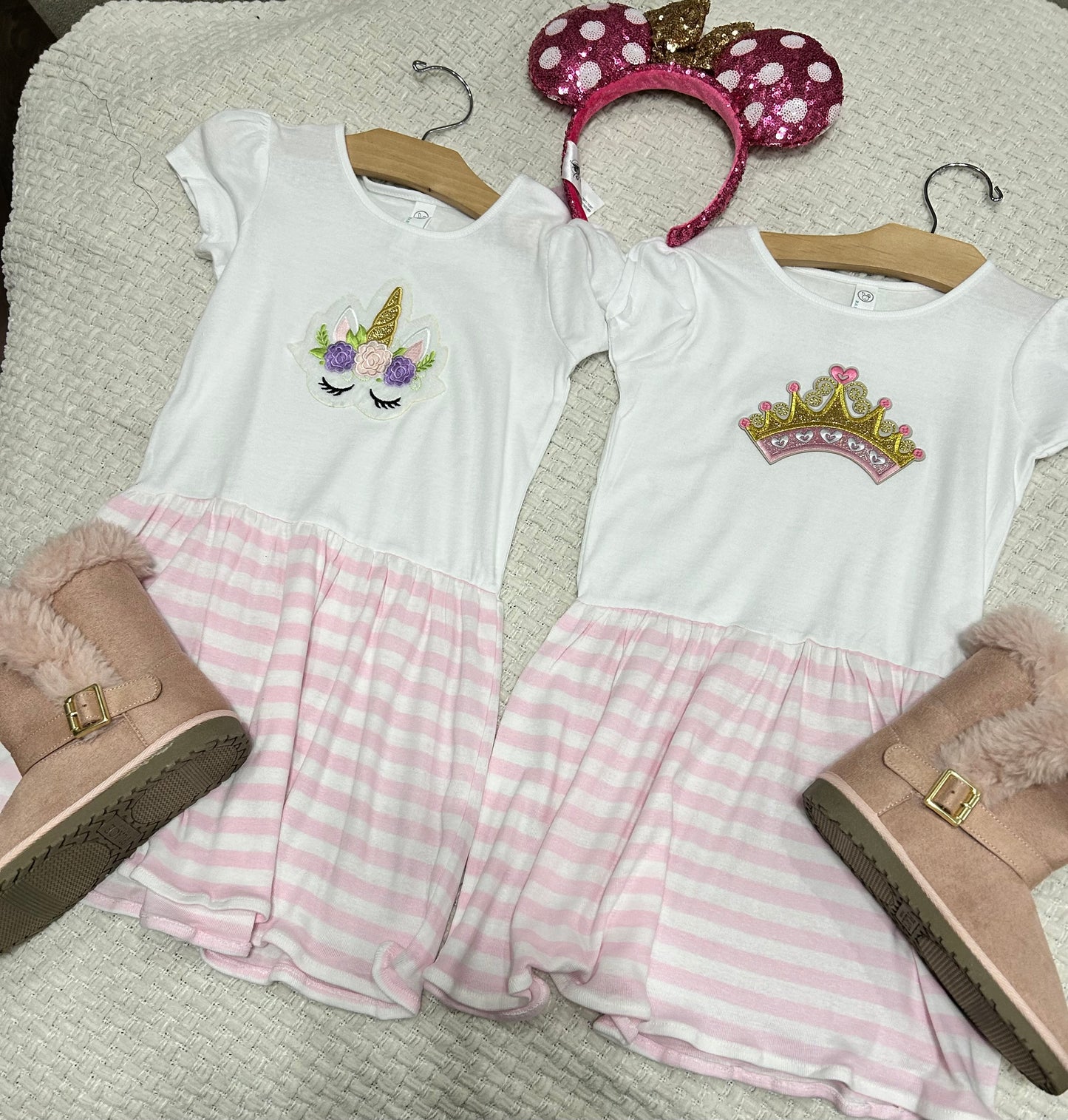 Girls White and Pink Strips Dress with Unicorn or Crown Embroidery